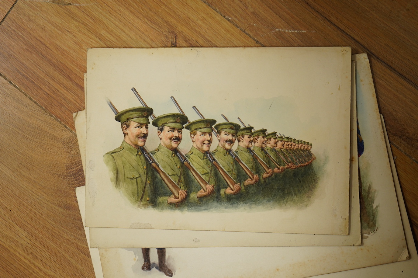 Charles Thomas Howard (1865–1942), eight original WWI watercolours for patriotic postcard designs to include ‘Soldiers of the Allied Nations’ and ‘Britannia and Solider’ unframed, some signed, 17 x 25cm. Condition - fair